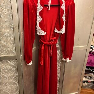 Vintage Red Long Sleeve robe with Lace Trim